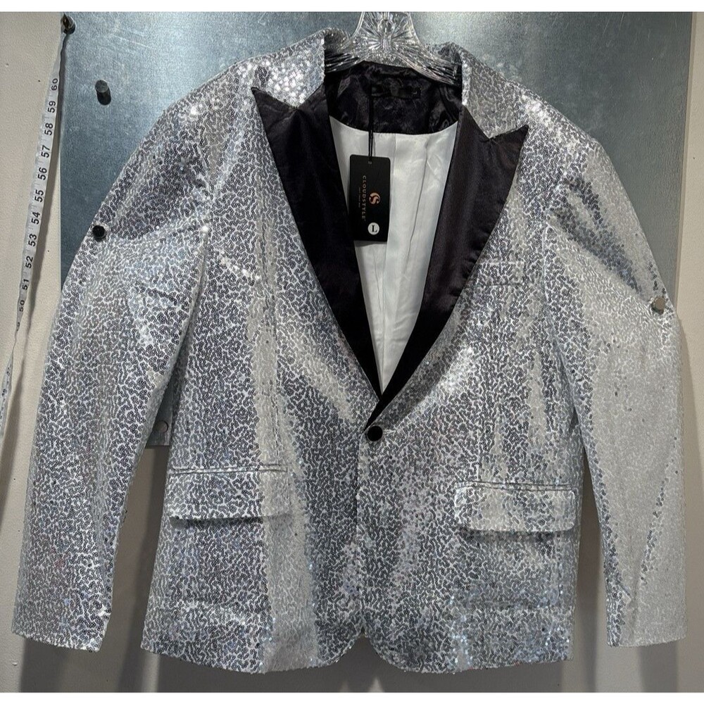 Cloudstyle Mens Silver Sequin Tuxedo Blazer Black Satin Peak Lapel Size L NWT